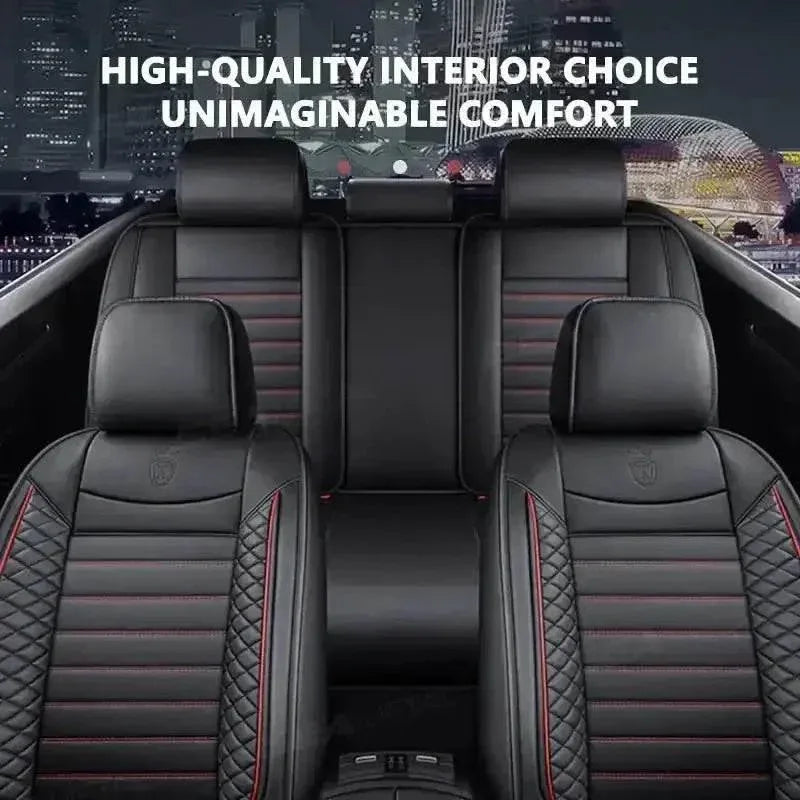 Close-up of black leather car seat cover highlighting stitching and material quality.