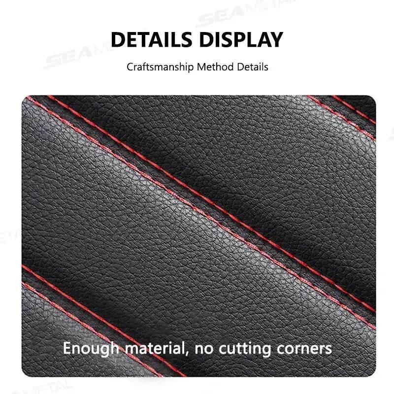 Side view of black leather car seat cover installed in a car showing fit and finish.