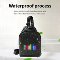 Black smart waist bag with LED pixel display worn on a model for hands-free use.