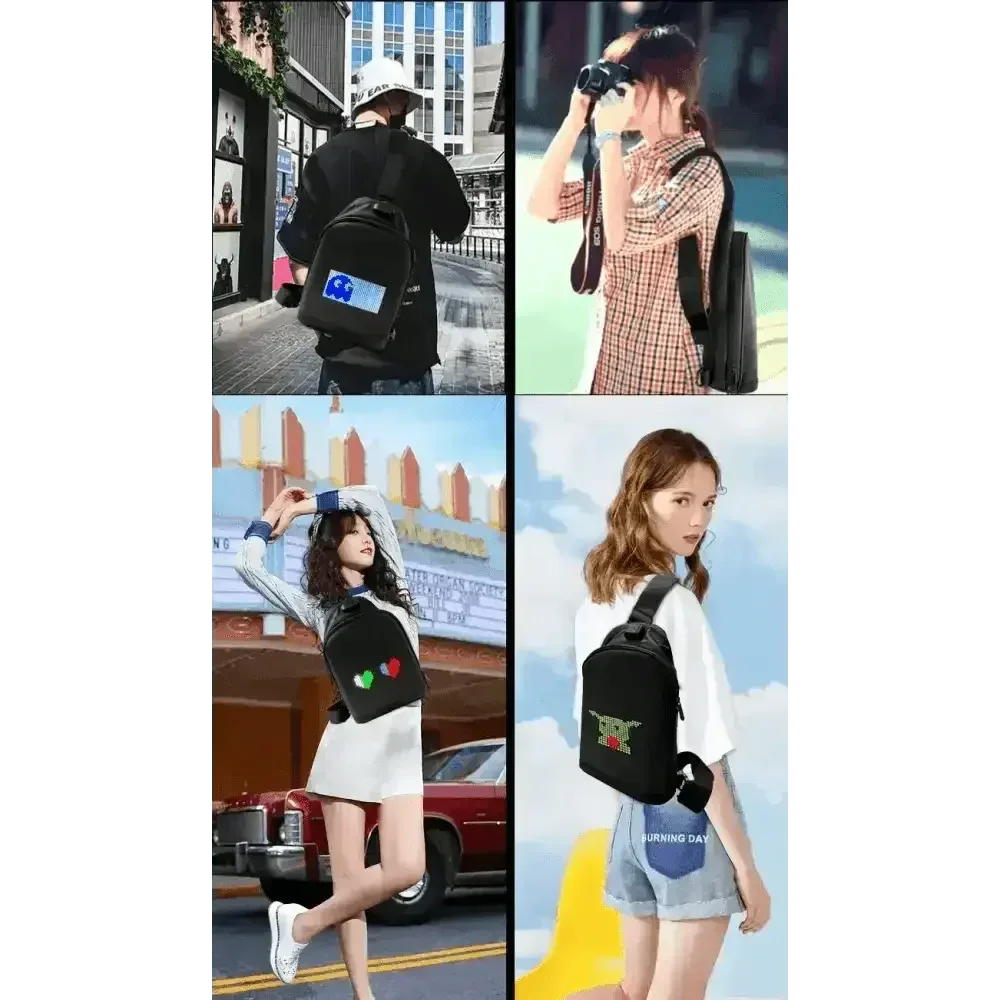 Black LED pixel backpack showcasing pixel graphics in bright colors against dark fabric.