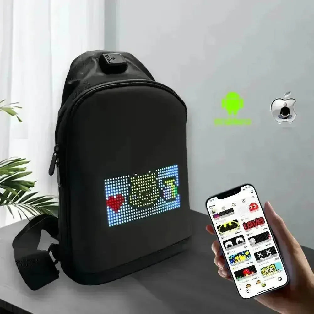Side view of black LED pixel backpack illustrating its sleek shape and illuminated pixels.