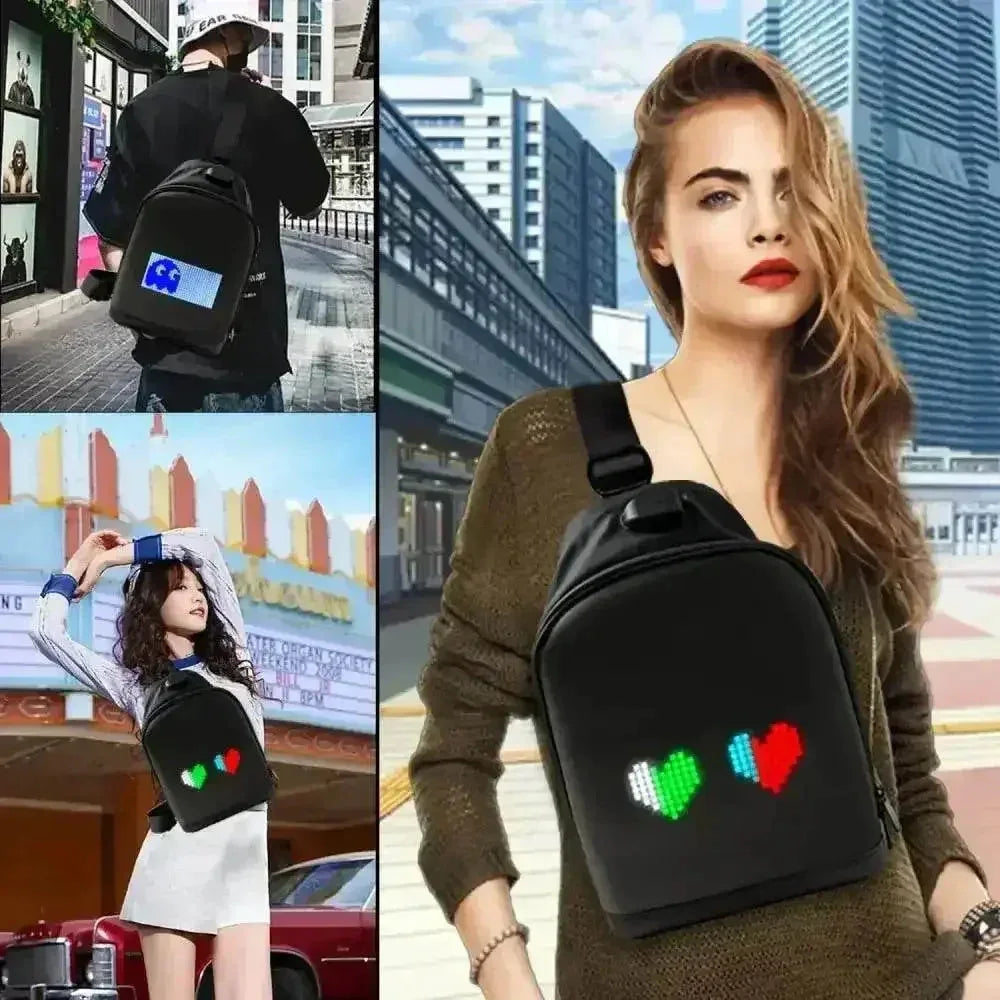 Close-up of black LED pixel backpack showing vibrant pixel lights and adjustable straps.