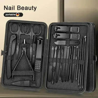 Black manicure set case displayed flat with grooming tools visible inside.