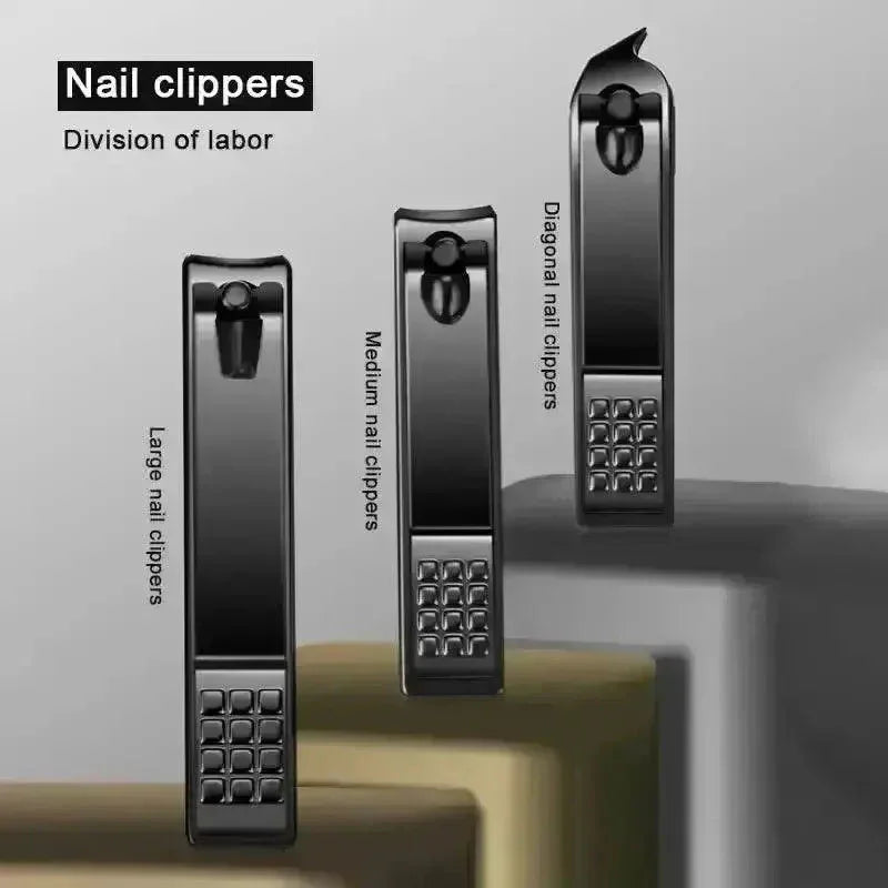 Close-up of black manicure nail clipper set including nail clippers and cuticle tools inside black case.