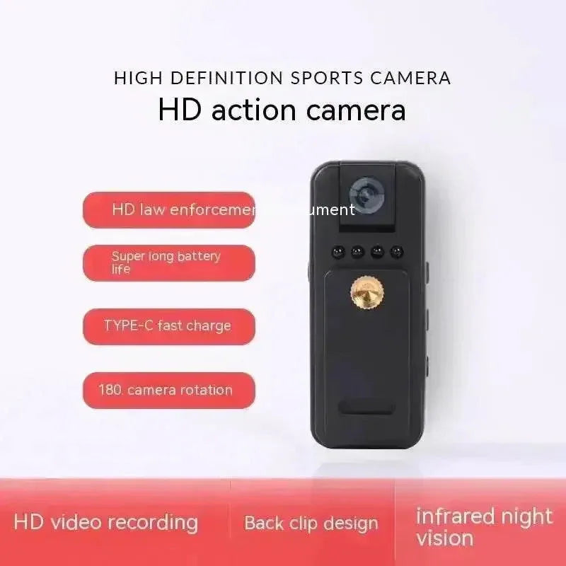 Close-up of black mini dash camera lens and part of the housing against white backdrop.