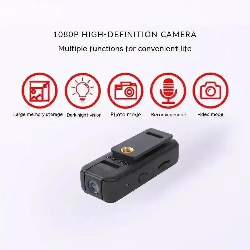 Mini black dash camera displayed on white background showing front lens and slim design.