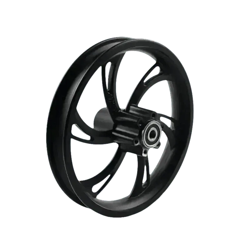Black 12 inch motorcycle wheel with front hub for electric scooters, showing side view on a white background.