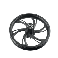 Side perspective of a black motorcycle wheel with front hub designed for electric scooters.