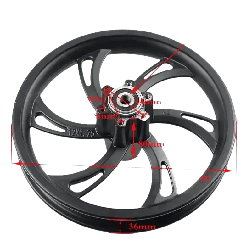 Black motorcycle wheel for electric scooters displayed flat, emphasizing the tire and rim design.