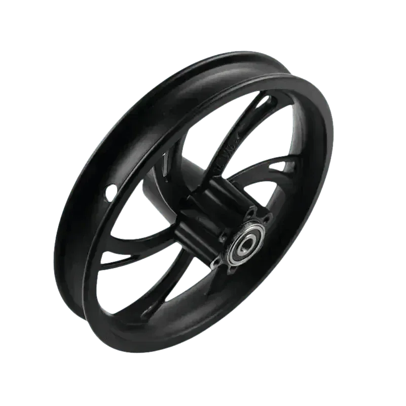 Black 12 inch motorcycle wheel featuring a front hub, viewed from an angled side shot.