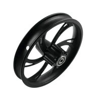 Black 12 inch motorcycle wheel featuring a front hub, viewed from an angled side shot.