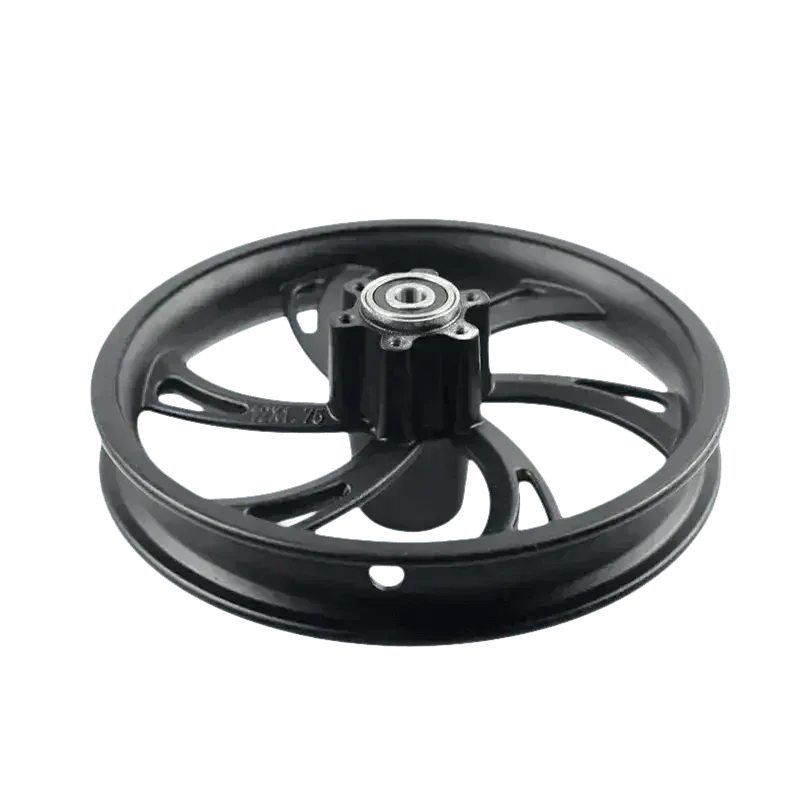 Close-up detail of black motorcycle wheel rim and hub for electric scooters against white background.