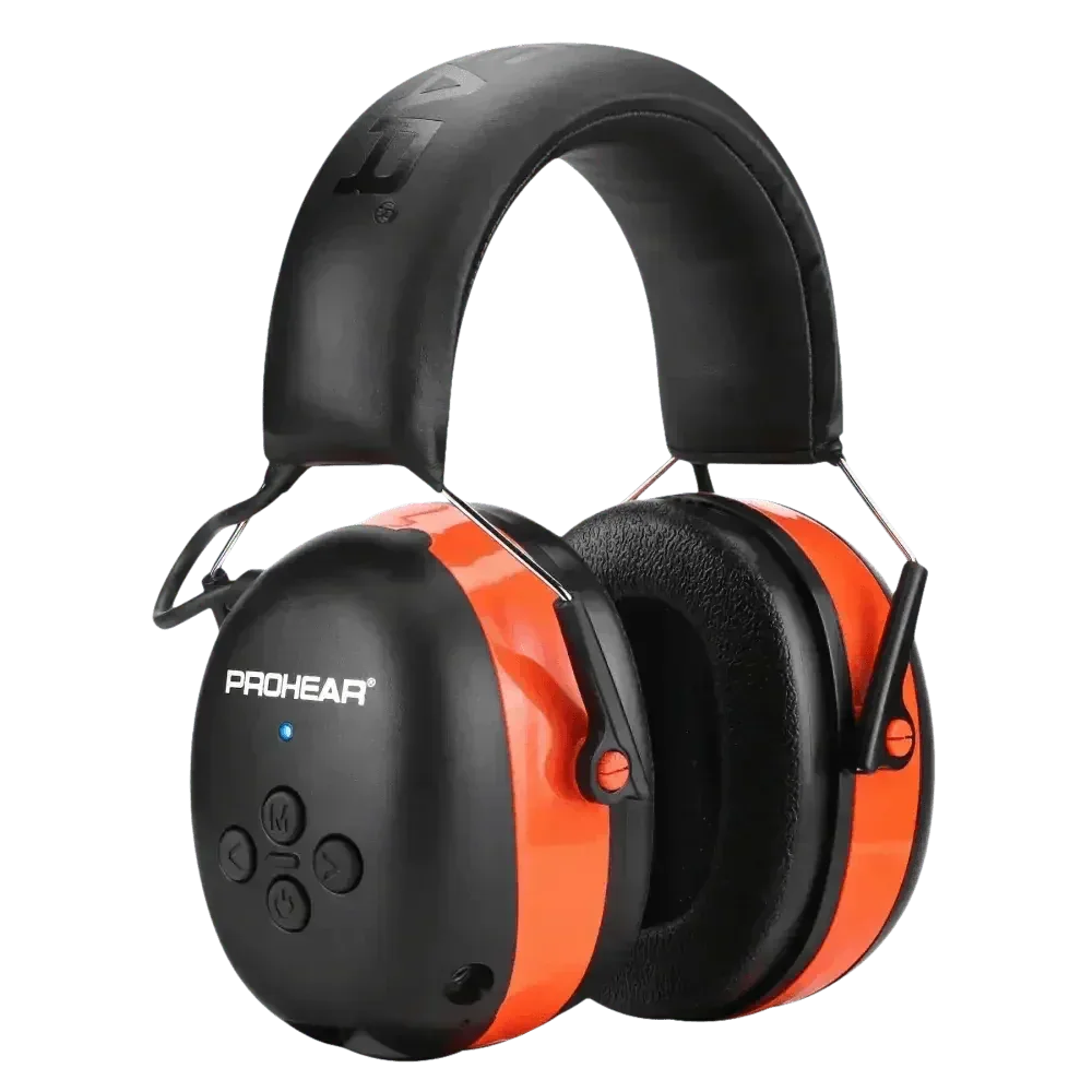 Black noise canceling Bluetooth earmuffs displayed upright with visible ear cup interior.