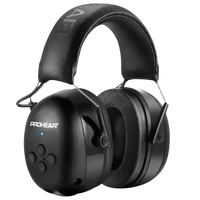 Close-up side view of black Bluetooth earmuffs showcasing ear cup texture and padding.