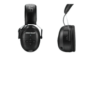 Black noise canceling Bluetooth earmuffs resting on a surface, showing sleek matte finish.