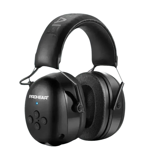 Black over-ear noise canceling Bluetooth earmuffs with cushioned ear cups and adjustable headband.