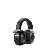 Side angle view of black Bluetooth noise canceling earmuffs showing ear cup and headband design.