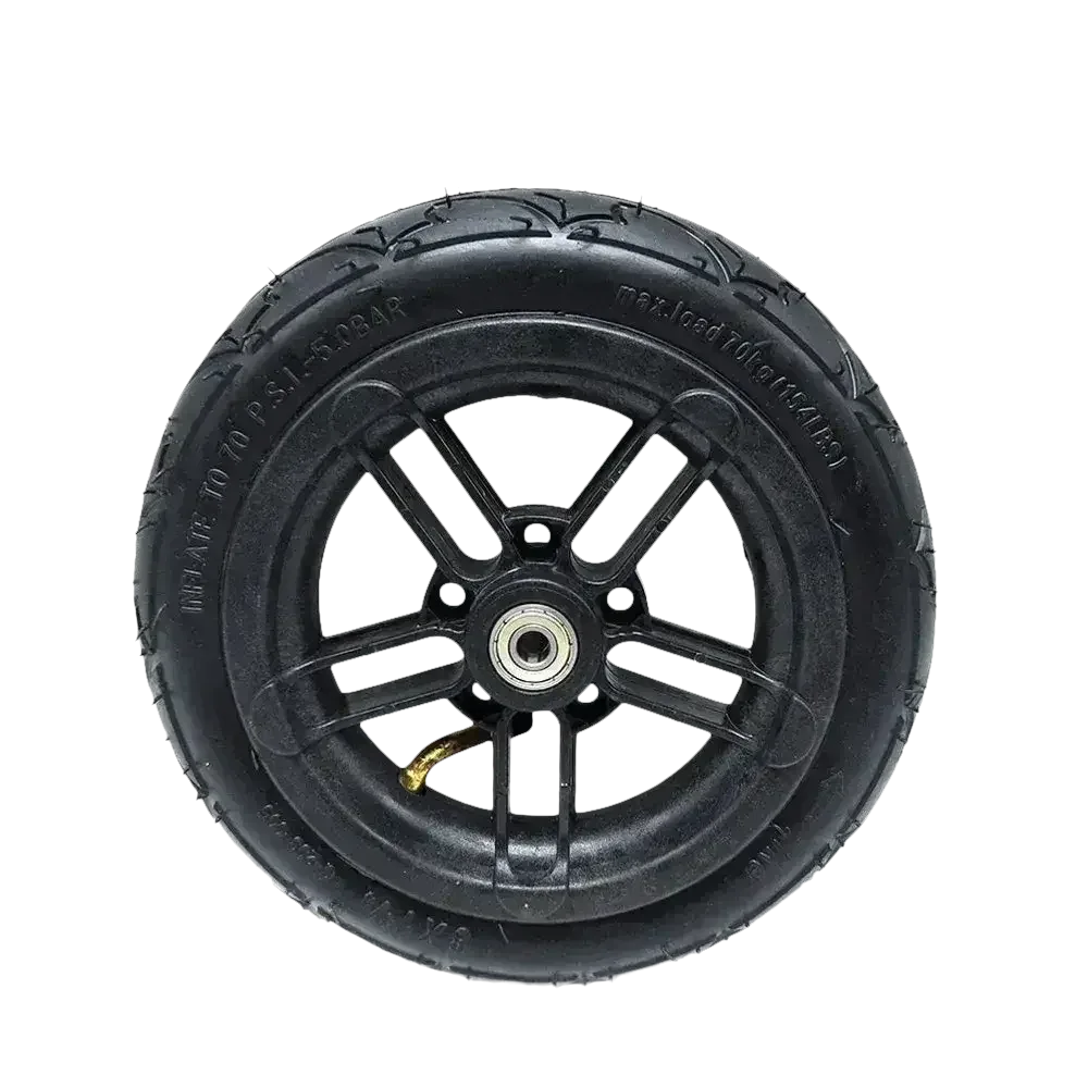 Black pneumatic tire for folding electric scooter showing tread and sidewall detail.