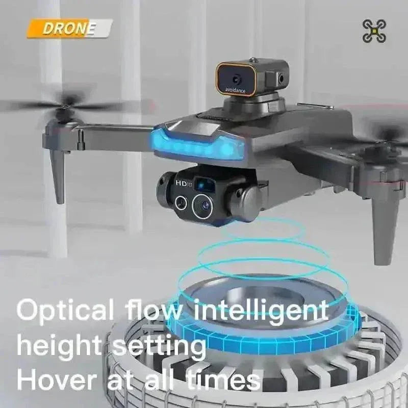 Close-up of drone camera on Black P15 Mini Drone focusing on lens and sensors.