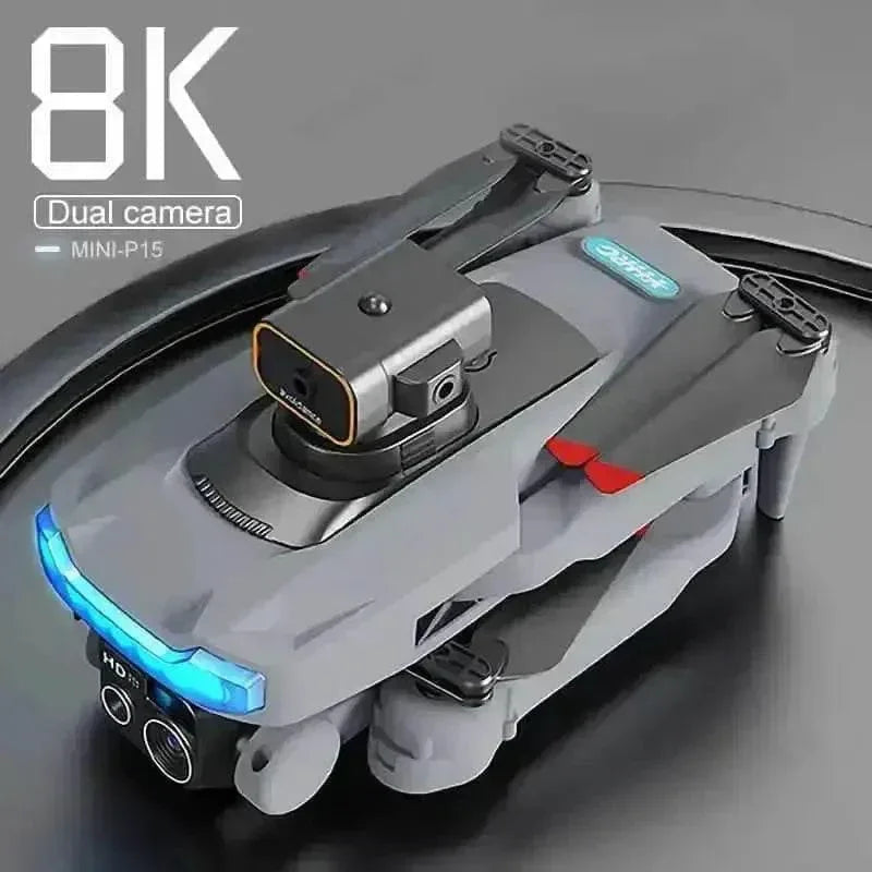 Top view of Black P15 Mini Drone displaying rotor arms and camera module.