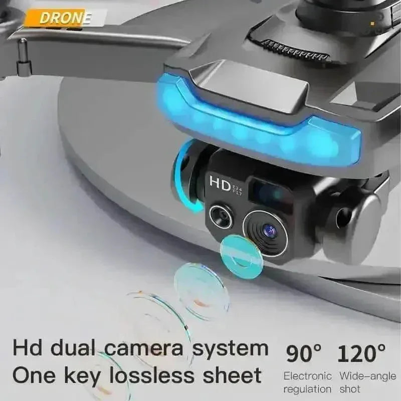 Side profile of Black P15 Mini Drone highlighting camera lens and obstacle sensors.