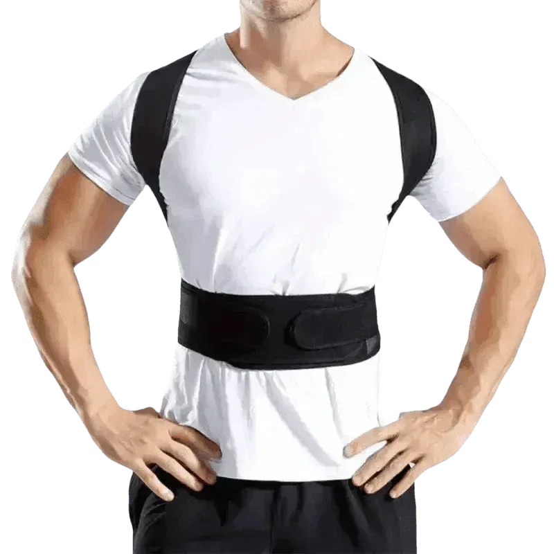 Black posture corrector belt worn by model showing upper back support and posture alignment.