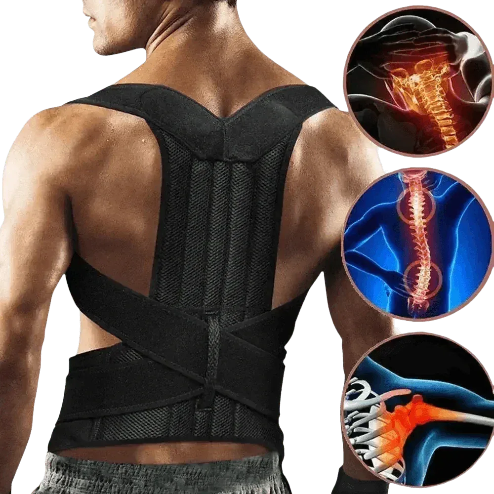 Front view of black posture corrector belt worn on torso highlighting comfort fit.