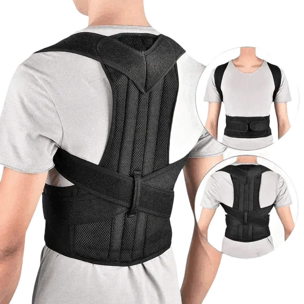 Back view of black posture corrector belt showing adjustable straps and supportive design.