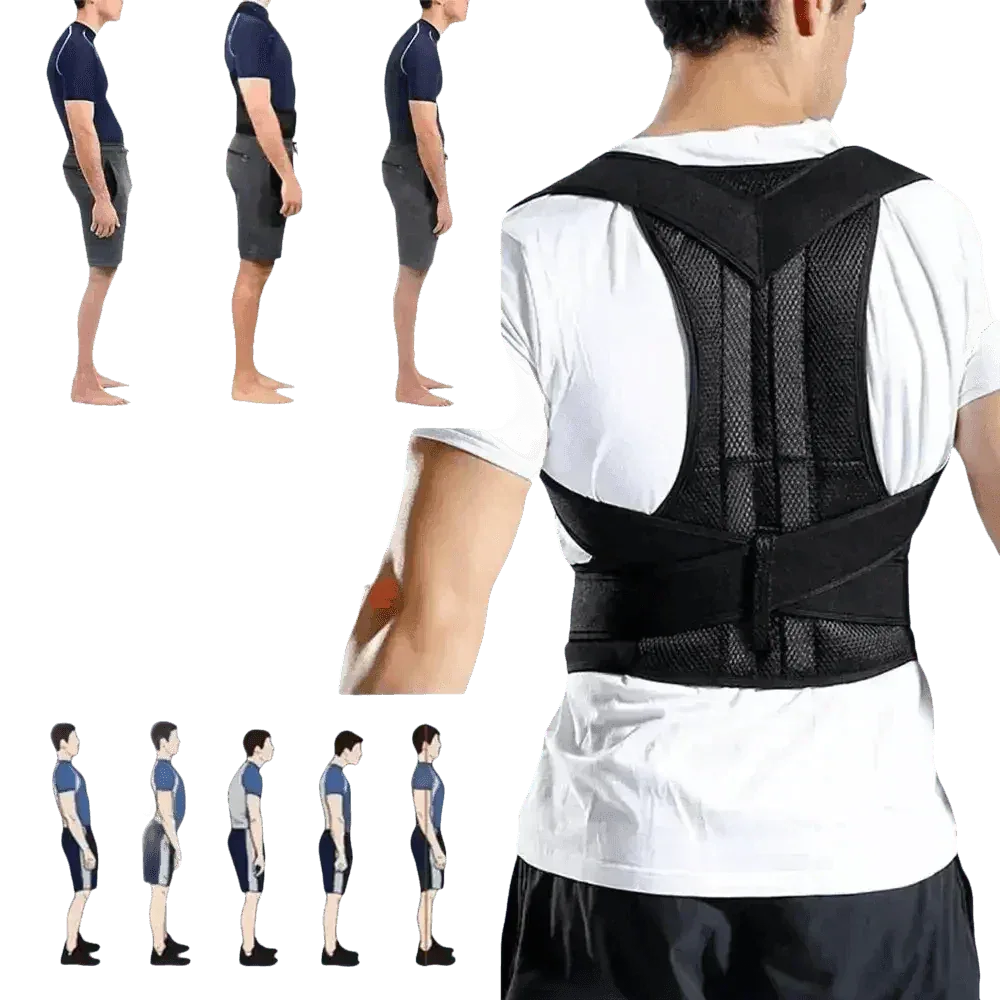 Side angle of black posture corrector belt wrapped around back and shoulders.