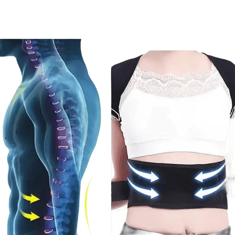 Black posture corrector belt laid flat displaying material and fastening details.