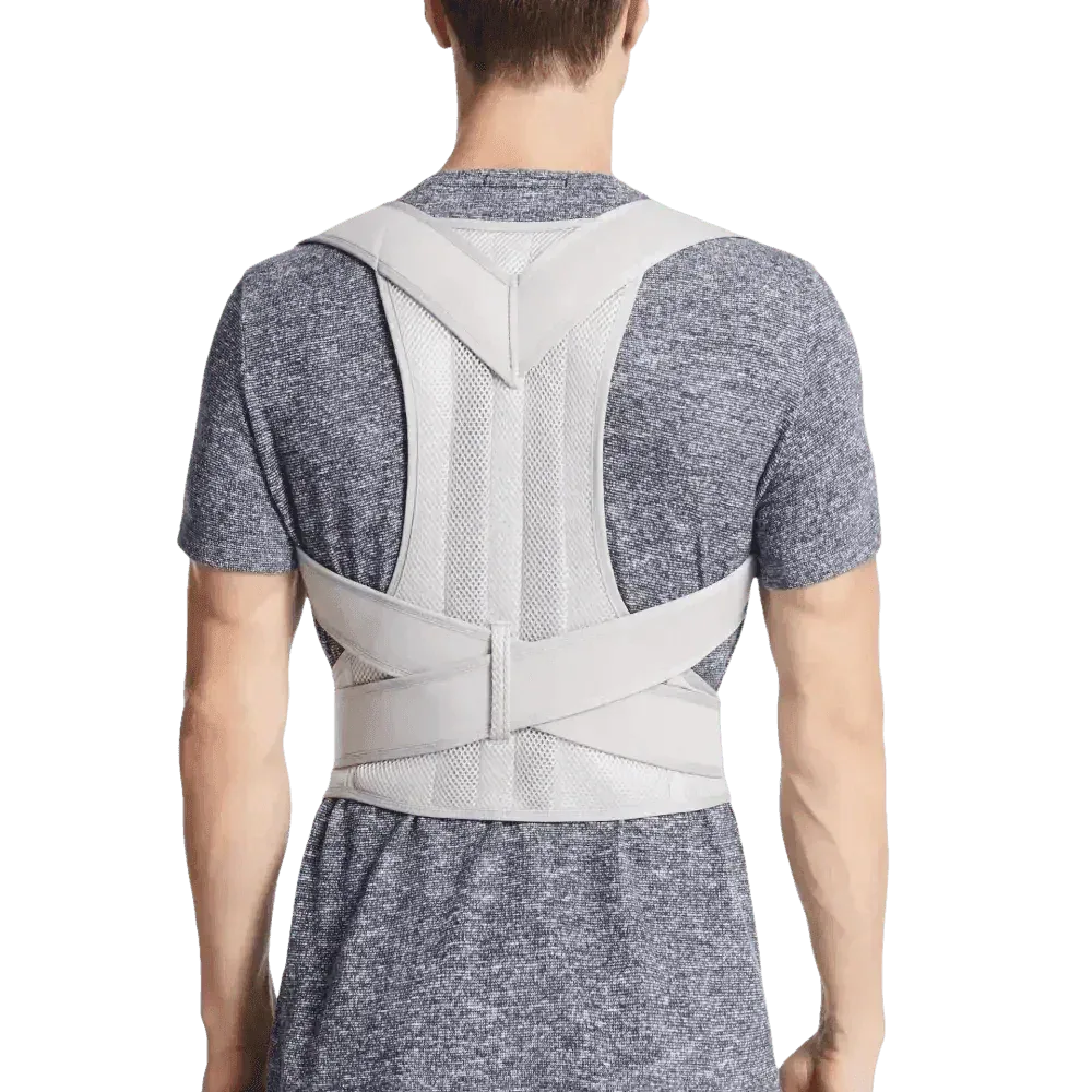Gray XL posture corrector belt displayed flat showing broad back support design.