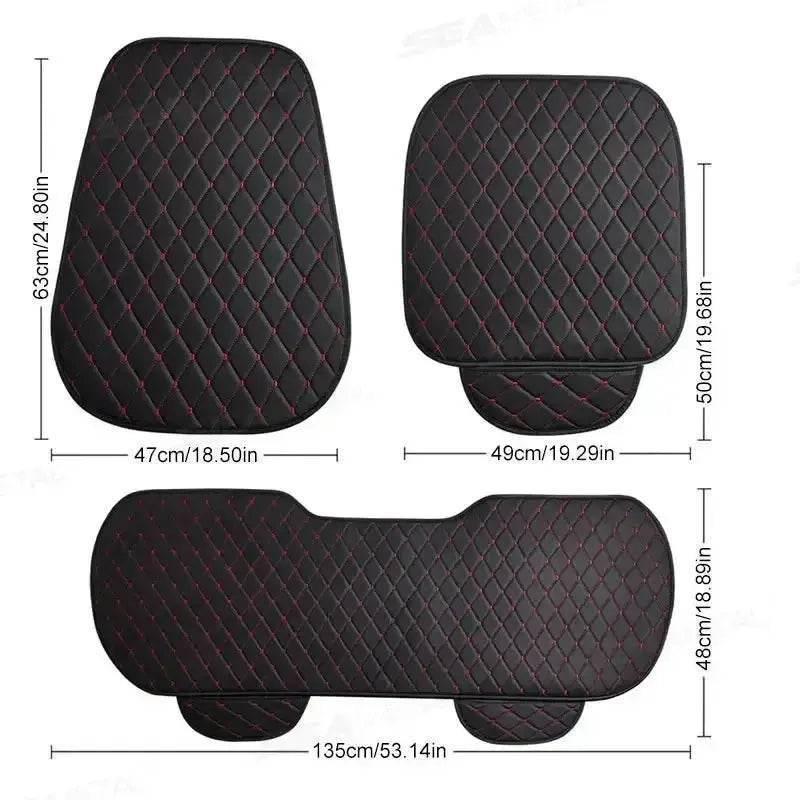 Close-up of leather seat cover seam and texture on black quilted car seat cover.