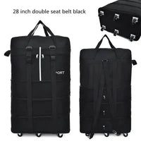 Close-up of black rolling luggage bag's wheels and sturdy base for smooth transport.