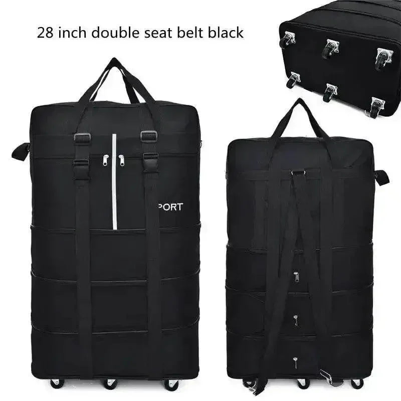 Close-up of black rolling luggage bag's wheels and sturdy base for smooth transport.