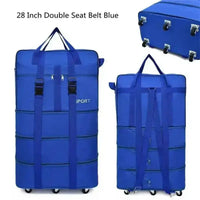 Blue foldable rolling luggage bag partially folded to show flexible design and compact saving.