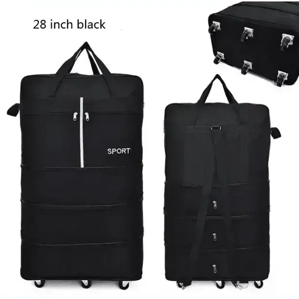 Top-down view of black foldable luggage bag displaying spacious main compartment and zipper.