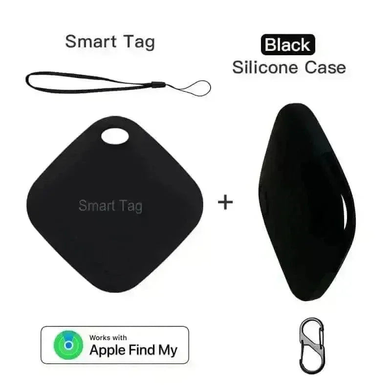 Black square Bluetooth tracker on a map background indicating long-range tracking.