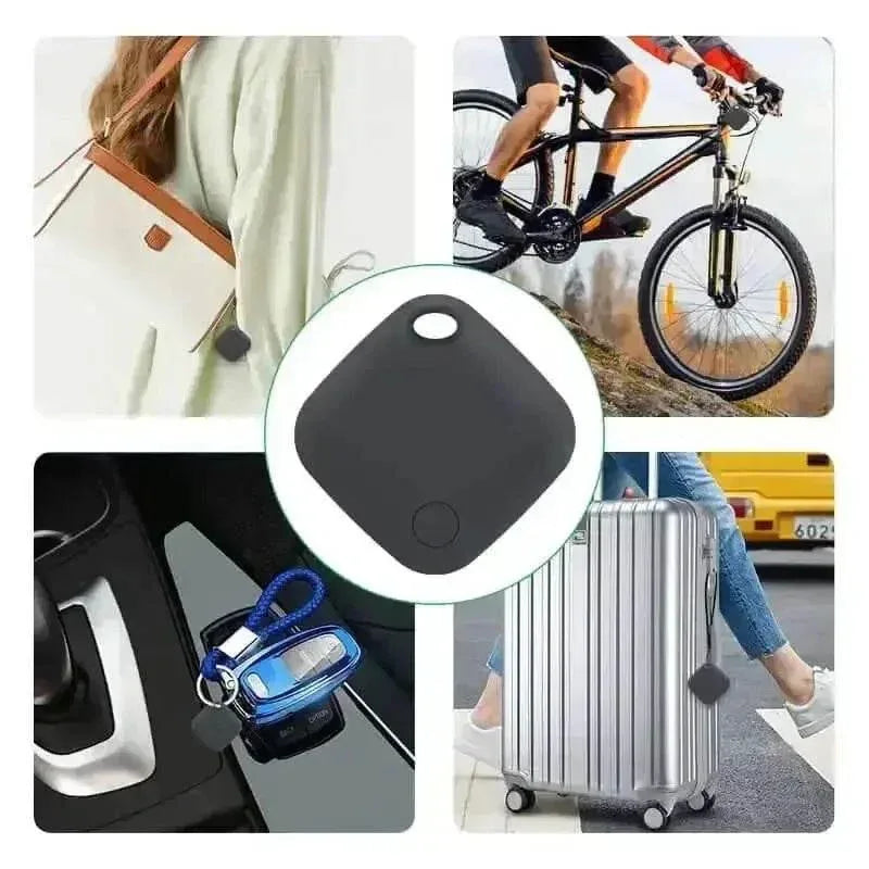 The black square Bluetooth tracker next to a smartphone displaying a tracking app.