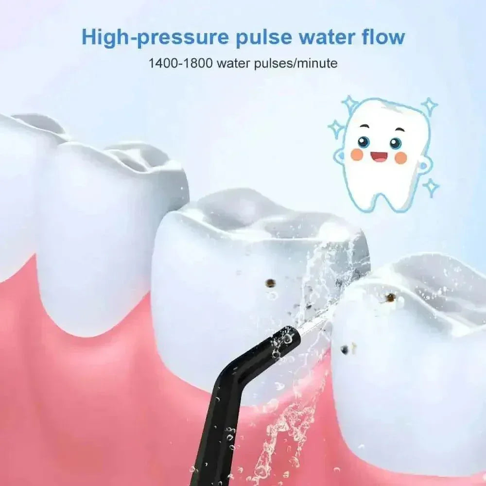 Black water flosser standing upright highlighting power button and USB charging port.