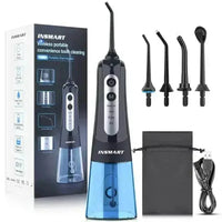 Dental water flosser angled to showcase slim body and water jet tip for oral hygiene.
