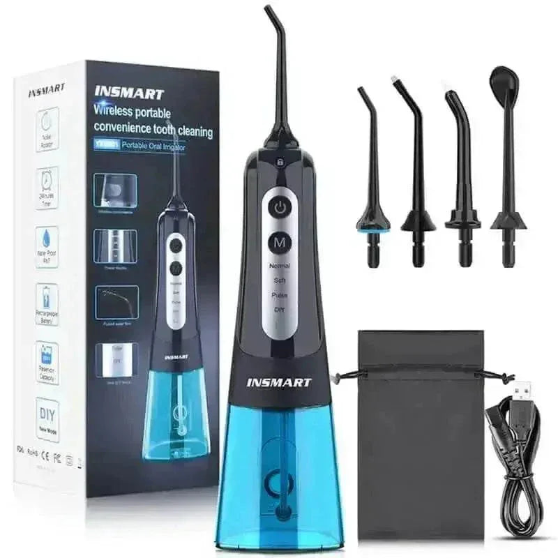 Black water flosser with USB charging cable connected, demonstrating rechargeability.