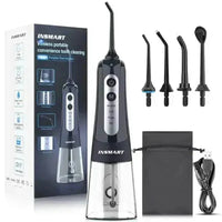 Black rechargeable dental flosser lying on white surface with focus on nozzle detail.