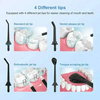 Close-up of black dental water flosser spout and ergonomic grip detailing.