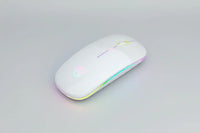 Black USB rechargeable RGB LED wireless mouse paired with silver keyboard.