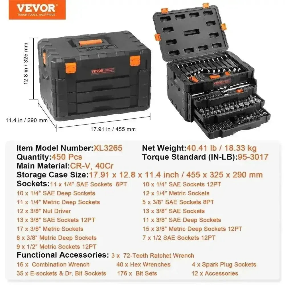 Black Vevor mechanics tool chest front view with top drawer open showing neatly organized tools.