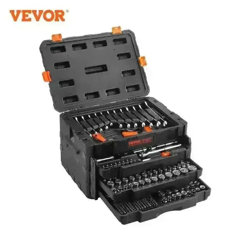 Black Vevor mechanic tool chest with open drawers displaying organized sockets and wrenches.