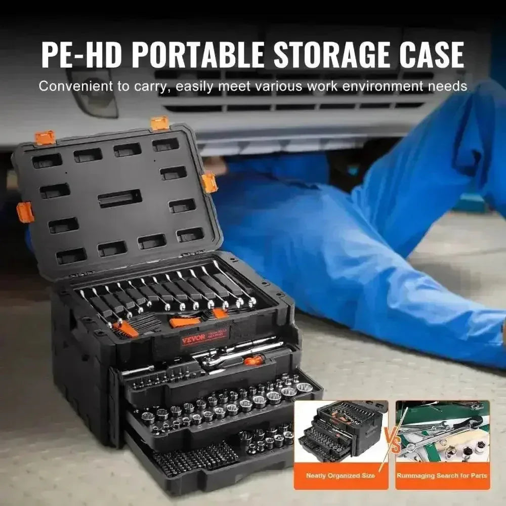Open drawers of Black Vevor tool chest packed with sockets and mechanic hand tools in foam organizers.