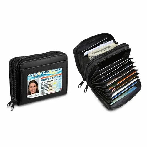 Black RFID blocking leather credit card wallet with keychain, shown closed on white background.
