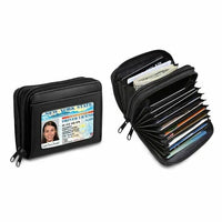 Black RFID blocking leather credit card wallet with keychain, shown closed on white background.