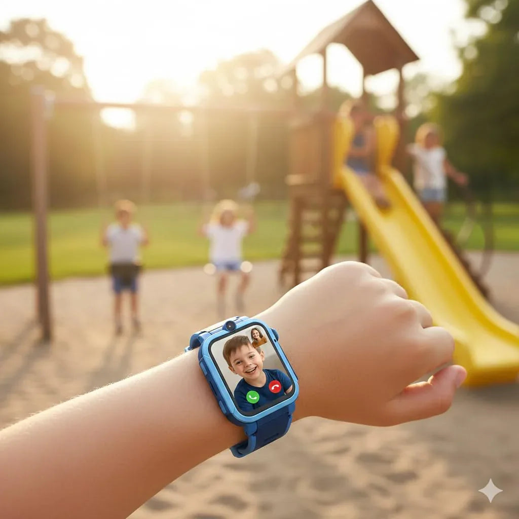 Blue 4G Android kids smartwatch with silicone strap shown from the front.